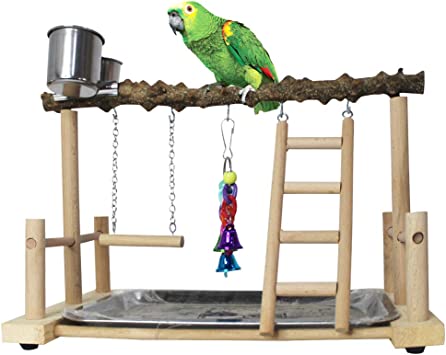 Parrots Playground Bird Perch Gym Playpen with Ladder Swings Feeding Cups for Parakeets African Grey Conures Cockatiel Cage Accessories Exercise Toys (Prickly ash Wood)