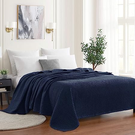 Sweet Home Collection 100% Fine Cotton Blanket Luxurious Weave Stylish Design Soft and Comfortable All Season Warmth, King, Waffle Weave Navy