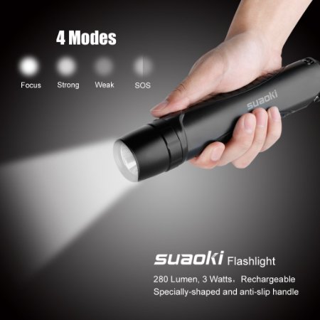 Suaoki 4-in-1 Cree Led Rechargeable Brightest Flashlight Torch Light Powered with 5200mAh 10400mAh External Battery Charger with Window Smasher and Belt Cutter Waterproof IPX6 3 Brightness Levels plus Strobe