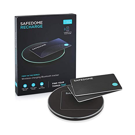 Safedome Recharge Bluetooth Tracking Card x 2 with Wireless Charging Pad, Water-Resistant and Rechargeable Slim Bluetooth Finder for Lost Phone, Bag, Wallet, and Purse, Free Companion App