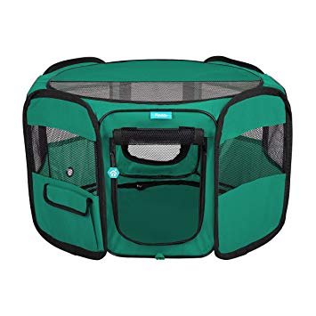 Pawdle Deluxe Premium Foldable Portable Traveling Exercise Pet Playpen Kennel Cats, Dogs, Kittens and All Pets - Travel Carrying Case - in Ground Stakes - Removable Shaded Cover and Bottom by