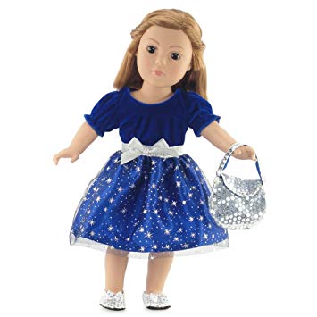 Emily Rose Doll Clothes 18 Inch Doll Clothes | Gorgeous Midnight Star Holiday or Party Dress Outfit with Silver Sequin Shoes and Purse | Fits 18" American Girl Dolls | Gift-boxed!