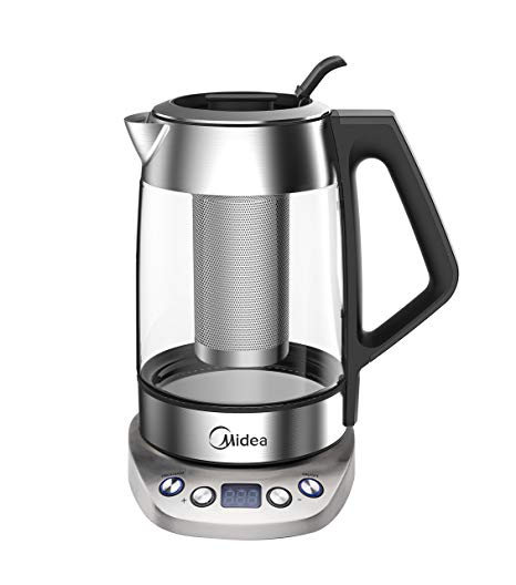 Electric Glass Tea Kettle BPA Free Temperature Control Automatic Shut Off 1.7 Liter Stainless Steel Surface Cordless with Tea Infuser, Midea