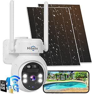 Hiseeu No WiFi Security Camera, [24/7 Recording] 4G Cellular Security Cameras Wireless Outdoor, 20W Solar Cameras 360°PTZ, 2K Night Vision, 2-Way Talk, 20000mAh Battery, 64G SD & SIM Card