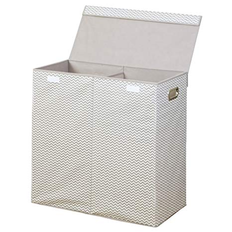 InterDesign Axis Chevron Folding Laundry Clothes Double Hamper/Sorter with Handles and Lid - 2 Bins, Taupe/Natural