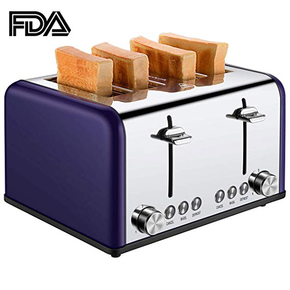 Toaster 4 Slice, CUSIBOX Stainless Steel Toaster with BAGEL/DEFROST/CANCEL Function, Extra Wide Slots Four Slice Bread Bagel Toaster, 1650W, Purple