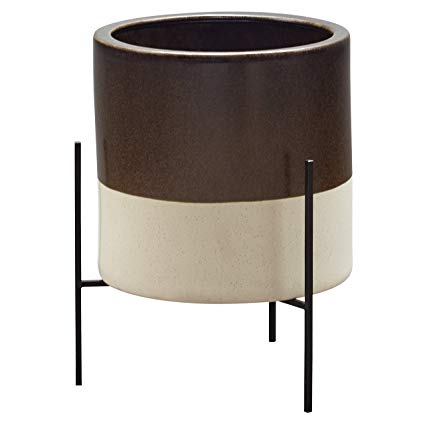 Rivet Mid-Century Ceramic Planter with Stand, 17"H, Dark Brown