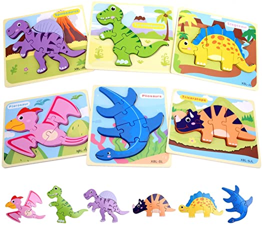 XREXS Wooden Puzzles for Toddlers 1 2 3 Years Old, Bright Color Animal Dinosaur Jigsaw Puzzles Educational Learning Toys Gift for Baby Boys Girls