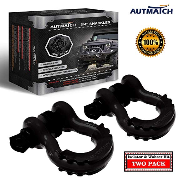 AUTMATCH Shackles 3/4" D Ring Shackle (2 Pack) 41,887Ib Break Strength with 7/8" Screw Pin and Shackle Isolator & Washers Kit for Tow Strap Winch Off Road Towing Jeep Vehicle Recovery Matte Black