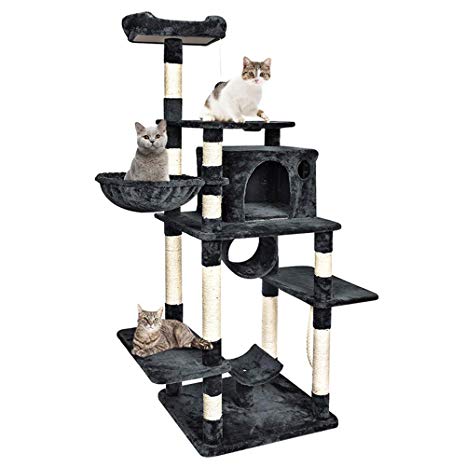 B BAIJIAWEI Tall Cat Tree - 67" Large Cat Condo - Kitty Tower with Scratching Post, Hammock Bed, Feeding Bowel - Multi Level Cat Climbing Activity Tree for Cats, Kitten, Pets