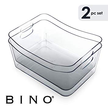 BINO Refrigerator, Freezer and Pantry Cabinet Storage Organizer Bin with Handles, Clear and Transparent Plastic Wide Nesting Food Container for Home and Kitchen - 2 Pack