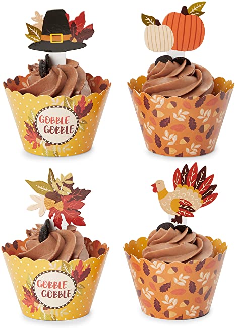Thanksgiving Cupcake Toppers and Wrappers, Fall Cake Topper Set (102 Pieces)