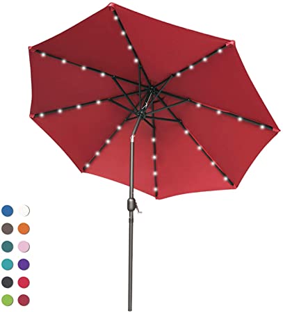 ABCCANOPY 7.5FT Patio Umbrella Ourdoor Solar Umbrella LED Umbrellas with 32LED Lights, Tilt and Crank Table Umbrellas for Garden, Deck, Backyard and Pool(Burgundy)