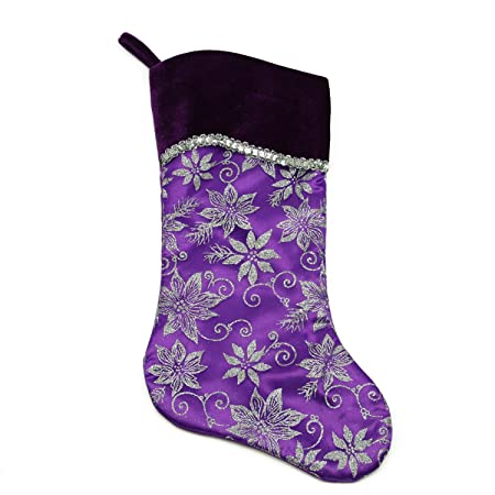 Northlight 20" Purple and Silver Glittered Floral Christmas Stocking with Shadow Velveteen Cuff
