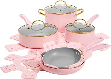 Paris Hilton Epic Nonstick Pots and Pans Set, Multi-layer Nonstick Coating, Tempered Glass Lids, Soft Touch, Stay Cool Handles, Made without PFOA, Dishwasher Safe Cookware Set, 12-Piece, Pink