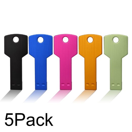 JUANW 5PCS 1G USB Flash Drive Metal Key Memory Stick Storage Drive (Five Mixed Colors: Black Blue Pink Gold Green)