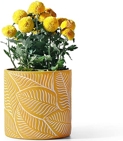 POTEY Cement Planter Flower Pot - 7.3" Vintage Indoor Plants Containers Unglazed Medium Bonsai with Drain Hole - Yellow, Leaves Embossment