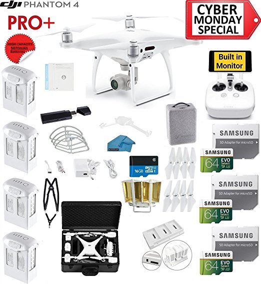 DJI Phantom 4 PRO Plus (Pro ) Drone with 1-inch 20MP 4K Camera KIT With Monitor   4 Total DJI Batteries   3 64GB SDXC Cards   Reader   Prop Guards   Range Extender   Harness   Charging Hub   HardCase