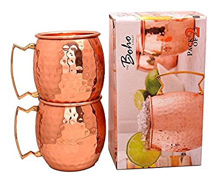 The Boho Street Moscow Mule Handcrafted 100% Pure Copper Mugs Brass Handles Set of 2 Solid Copper Hammered Mugs 16 oz
