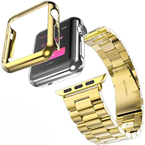HUANLONG Compatible with Apple Watch Band Series 1/2/3/4, Stainless Steel Strap Band w/Adapter Case Cover Compatible for iWatch 40/44mm (H Gold 44mm)