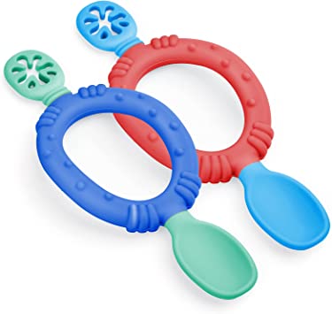 Vicloon Baby Spoons, 2 Pack Silicone Baby Spoons Self Feeding 6 Months, Baby Chew Spoons, Silicone Self Feeding Toddler Utensil for Microwave, Dishwasher and Freezer Safe（blue splice red）