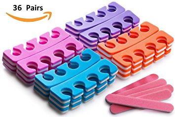 Pack of 36 Pairs – Soft Two Tone Foam Toe Separators, Toe Spacers, Great Toe Cushions for Nail Polish, Pedicure, Manicure, and Other Uses, Includes 8 Pink Mini Nail Buffering Files