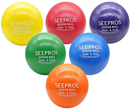 SEEPROS Foam Dodgeball Set - Soft Skin, Low Bounce, Set of 6 with Mesh Storage Bag for Kids and Adults