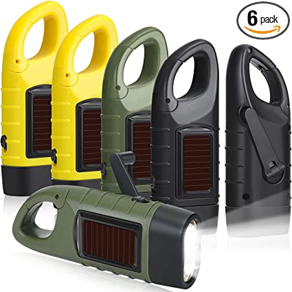 6 Pcs Hand Crank Solar Powered Flashlights Emergency Rechargeable LED Flashlights Handheld Flashlights for Emergencies Survival Gear Outdoor Sports Camping Hiking Backpack Safety, Green Yellow Black