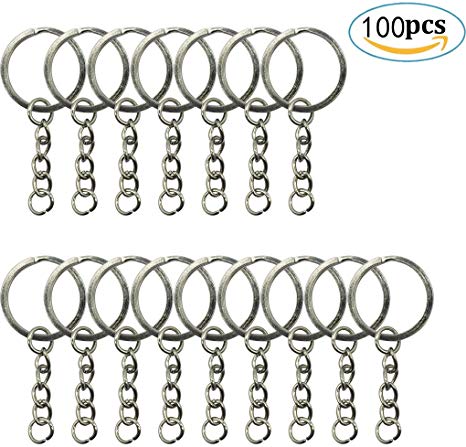 100 Pieces Metal Split Key Ring with Chain - HYHP 1”/ 25mm Silver Key Ring Keychain Ring Parts Open Jump Ring and Connect for Your DIY Key Ring