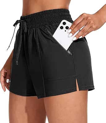 ATTRACO Women's High Waisted Swim Shorts Drawstring Board Shorts with Zipper Pockets Liner