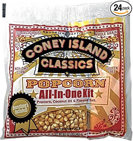 Coney Island Classics Premium Movie Theater Popcorn 8 Ounce Bag All In One Portion Kit With Coconut Oil & Flavored Salt 24 Pack