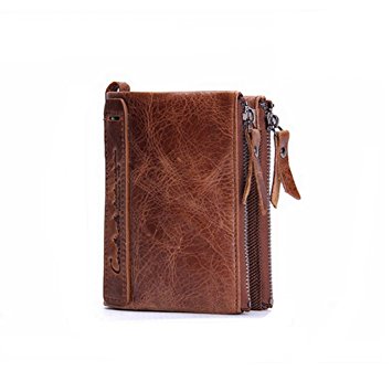 Putars Men's Leather Wallet Bifold with Double Zipper Purse (Brown)