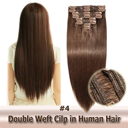 100% Remy Clip in Human Hair Extensions Double Weft Thick 20 Inch 150g 8pcs 18 clips on 8A Grade Soft Straight Hair (Medium Brown #4,20'')