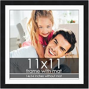 11x11 Frame with Mat - Black 14x14 Frame Wood Made to Display Print or Poster Measuring 11 x 11 Inches with White Photo Mat