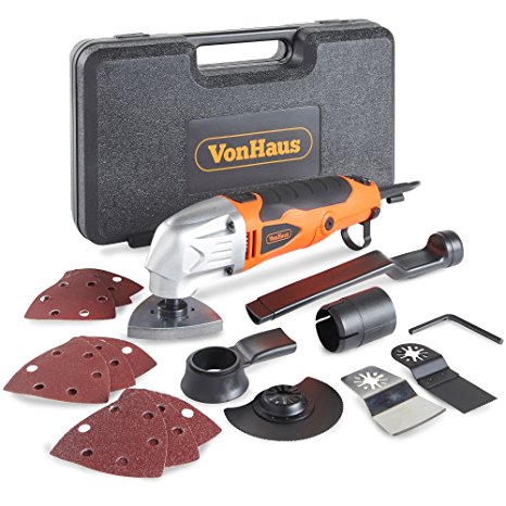 VonHaus 2.3 Amp Multi Purpose Oscillating Tool / Half Moon Saw / Sander Pads / Scraper Blade - 15 pc Accessory kit including Dust Extraction Port & Carry/Storage Case