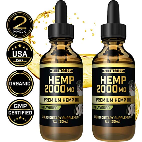 Hemp Oil Drops for Pets - 2 Pack 2000mg - Grown & Made in USA - Supports Hip & Joint Health, Natural Relief for Pain, Separation Anxiety   More! - Zero THC CBD Cannabidoil - Apply Easily to Treats