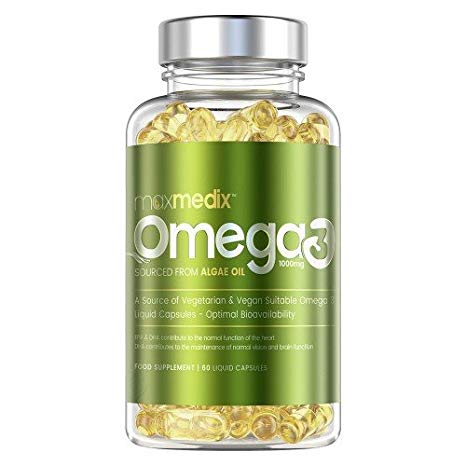 Maxmedix Omega 3 Vegan Supplements - Contains Dha   Epa - 1000mg Per Serving - Algae Oil with Eye Vitamins - Essential Omega 3 Fatty Acids for Vegans - Supports Heart, Brain, Mood & Sugar Levels.