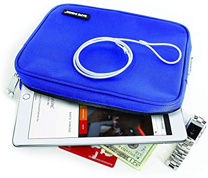 Safe Inside, Locking Privacy Pouch with Steel Tether Cable, Medium, Blue