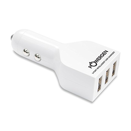 PowerGen 7.2 Amp (36 Watt) Tri-Port USB Intellignet Car Charger Designed for Apple and Android Devices - White