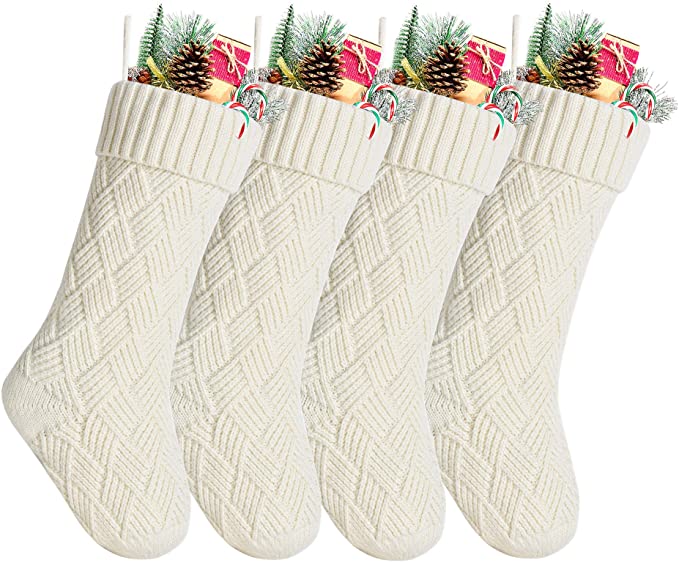 Kunyida Pack 4,18" Unique Ivory Cream Knit Christmas Stockings for Holiday Decor