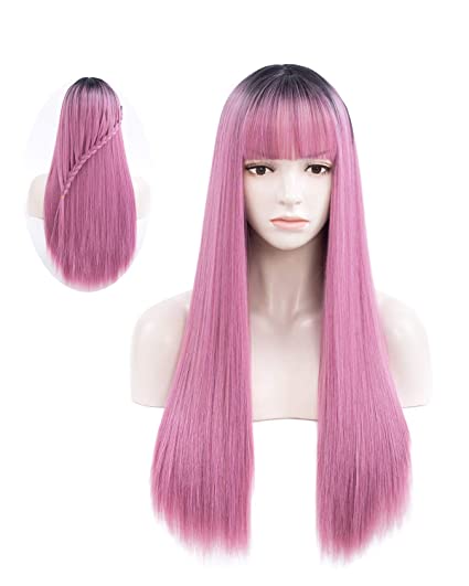 netgo Women's Long Straight Wigs With Bangs, 27 inch Heat Resistant Synthetic Cosplay Party Halloween Costume Wigs with Rose Net (Pink Ombre)