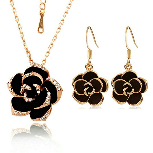 Yoursfs Gold Plated Black Rose Flower With Crystal Necklace and Earring Sets