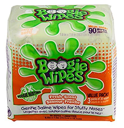 Boogie Wipes Natural Saline Kids and Baby Nose Wipes for Cold and Flu, Fresh Scent, 90 Count