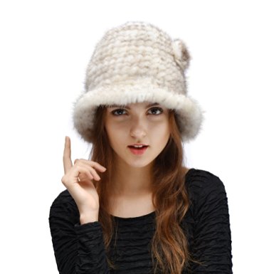 Queenfur Genuine Knitted Mink Fur Hat Winter Warm Womans Cap