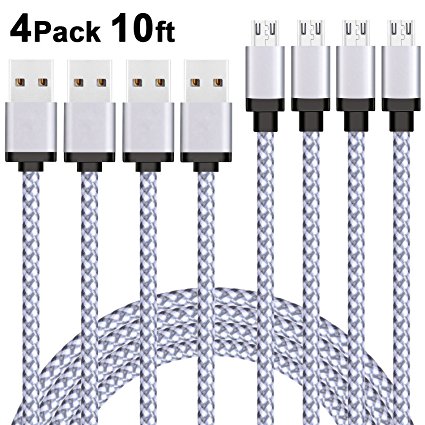 Micro USB Cable, Xcords 4Pack 10FT Micro to Micro USB Cable Nylon Braided, Android Charger Cable for Android/Windows/Tablet/Samsung/Blackberry/Nexus/Nokia/Echo Dot/PS4/XBOX One/HTC/LG and more(White)