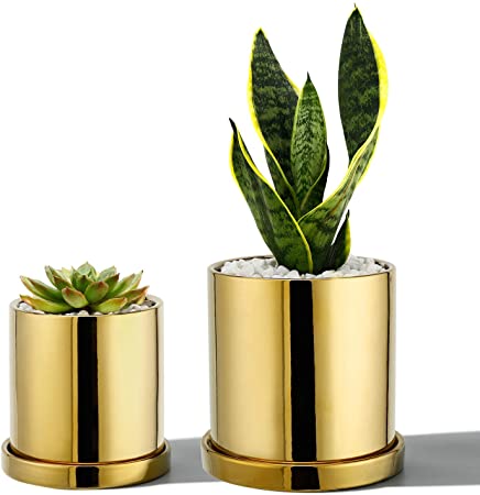 POTEY Ceramic Pots for Plants - 3.8 inch   5.1 inch Planter Cylinder Flower with Drain Hole Sacuer Minimalism for Indoor Garden Glazed - Set of 2, Golden