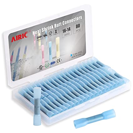 AIRIC Heat Shrink Butt Connectors 80pcs 16-14AWG Waterproof Butt Connector Heat Shrink Marine Automotive Electrical Straight Wire Crimp Connectors Blue