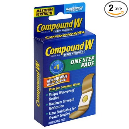 Compound W Wart Remover One Step Pads - Maximum Strength - Waterproof, Medicated, Self-Adhesive Pads Conceal & Protect Common & Plantar Warts While Treating them with Salicylic Acid – 2 Packs of 14