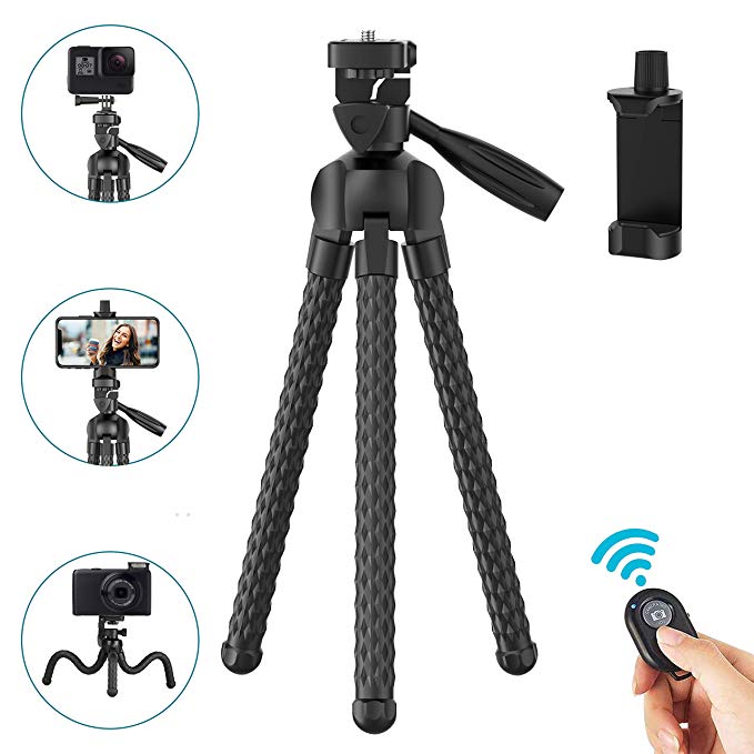 Phone Tripod Upgraded, 11 inch Flexible Cell Phone & Camera Tripod Stand Holder with Wireless Remote Shutter and Universal Phone Mount, Compatible with iPhone, Android Phones, Sports Camera GoPro