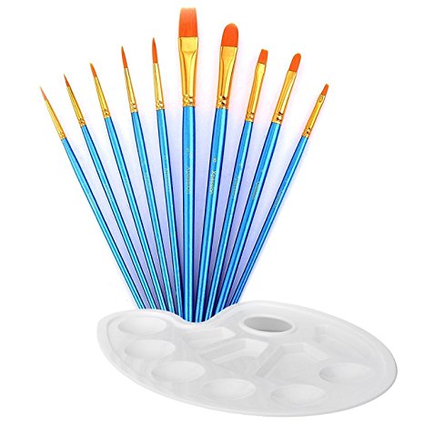 Xpassion 10Pieces Round Pointed Tip Nylon Hair Paint Brush Set with 1Piece Paint Tray Palette